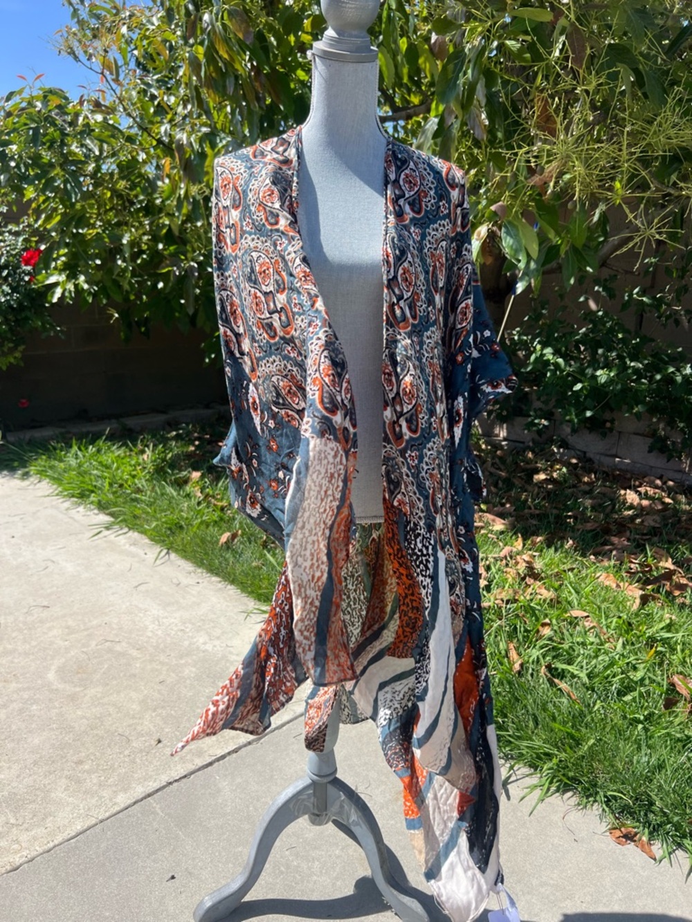 Boho Printed Open-Front Swim Cover-Up in Navy and Rust